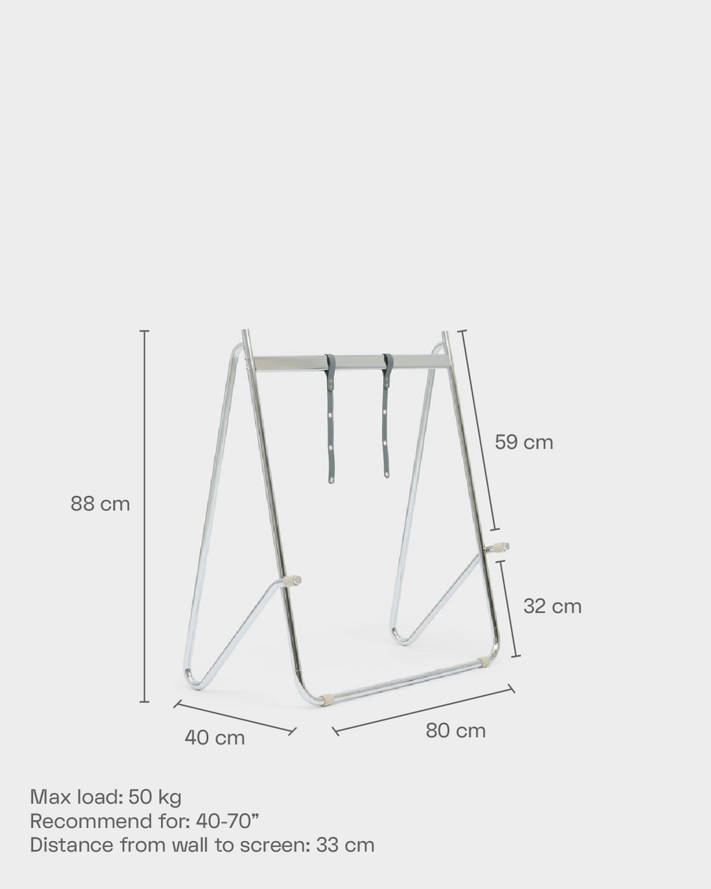 Esquema técnico del soporte Bloom in Powder Blue con medidas 88, 80, 59, 40 y 32 cm y carga máxima de 50 kg