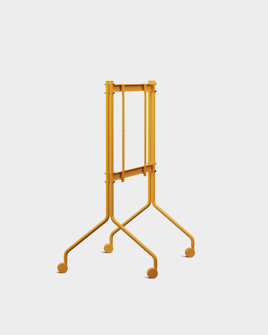 Soporte de TV Moon en Apricot, foto de estudio en ángulo con TV de pantalla plana montada y ruedas negras