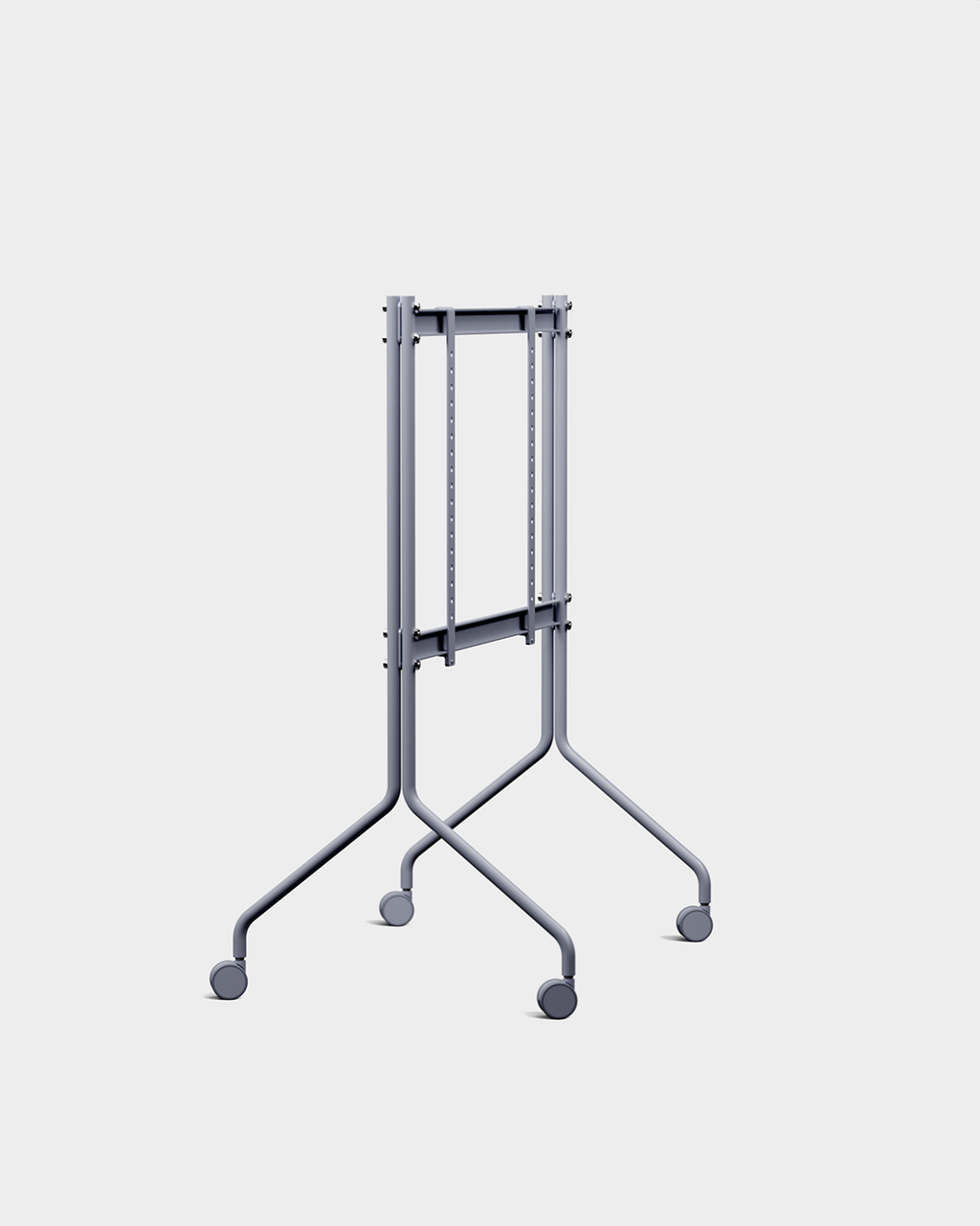 Soporte Moon in Ash Gray con ruedas y pantalla montada, vista tres cuartos en fondo de estudio gris claro