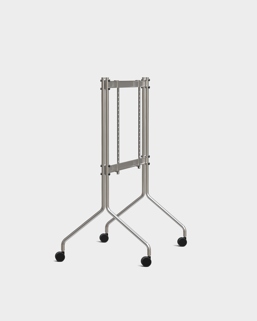 Soporte de TV con ruedas Moon en Chrome con una pantalla plana en la puerta de un dormitorio luminoso con suelo de madera