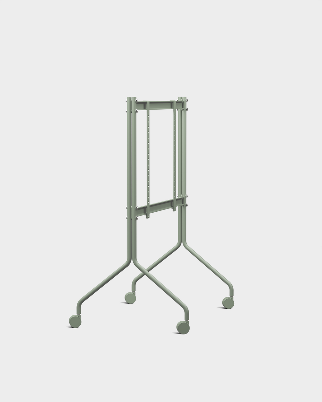 Soporte con ruedas Moon in Mossy Green en vista tres cuartos con televisor montado, packshot de estudio sobre fondo claro