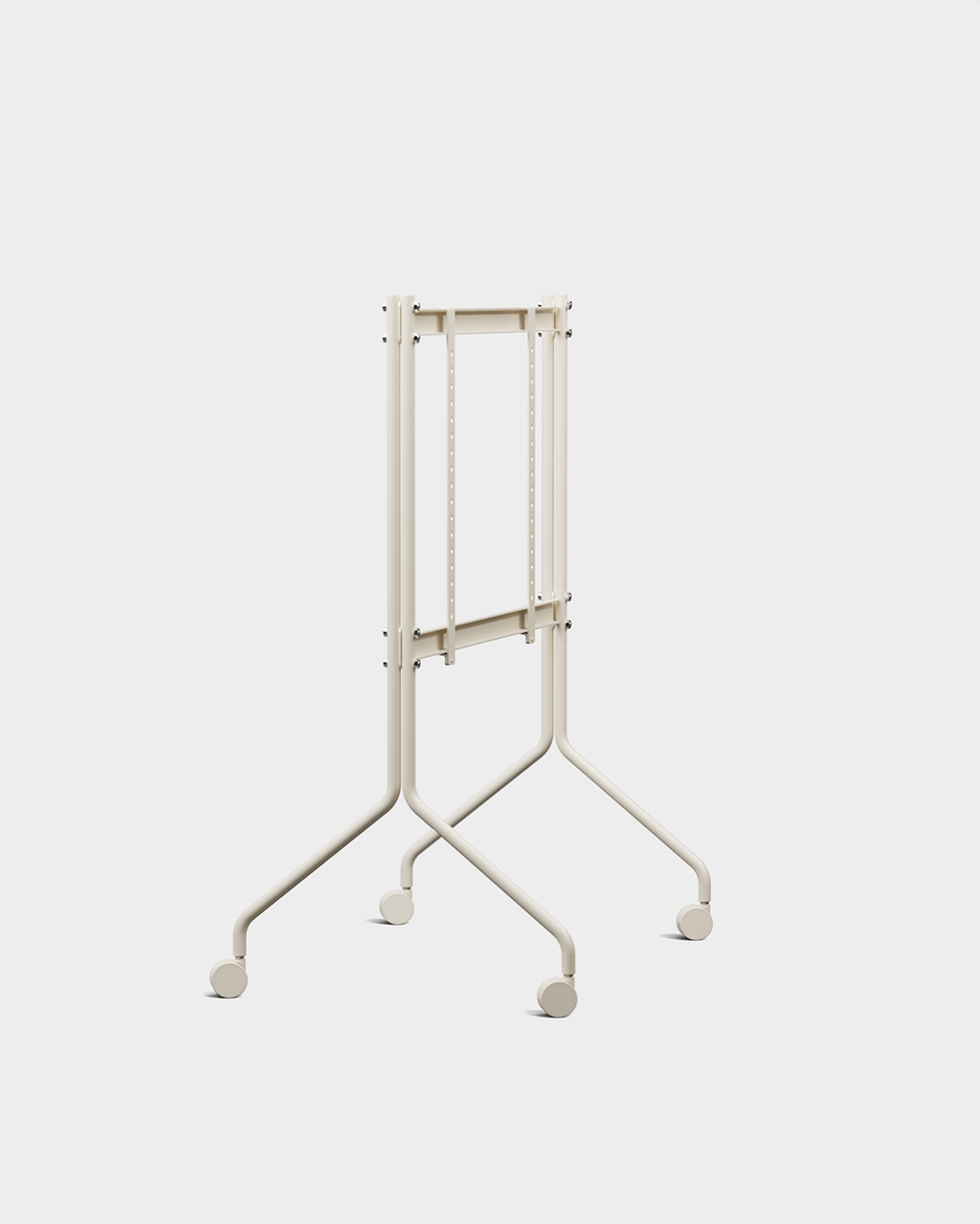 Soporte Moon in Pearl con ruedas y pantalla montada, vista frontal en ángulo sobre fondo de estudio gris claro