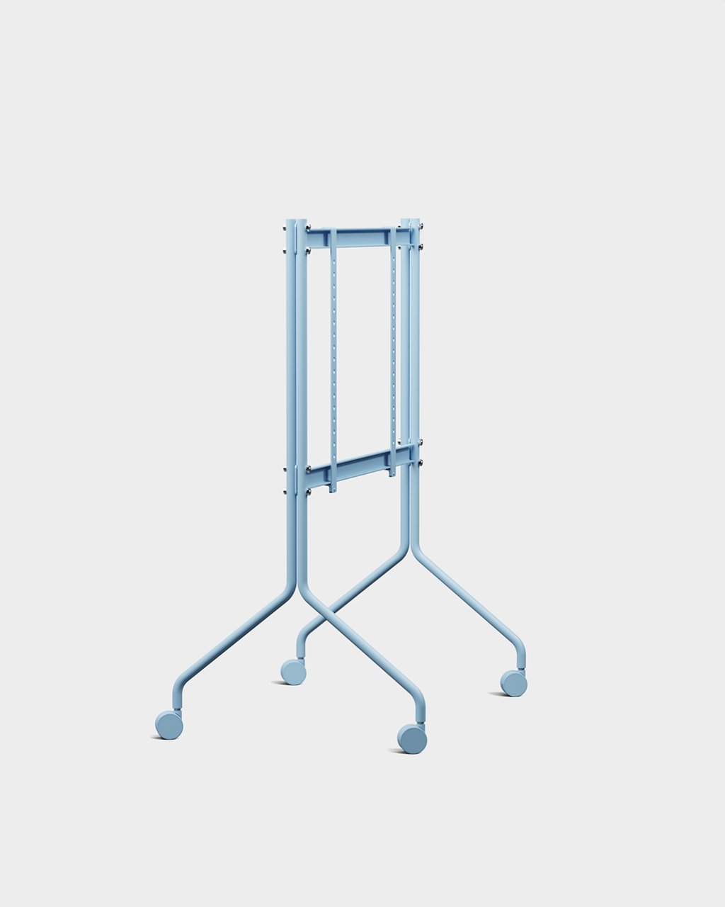 Soporte Moon en Powder Blue con ruedas, en ángulo en foto de estudio con el tablero negro plegado