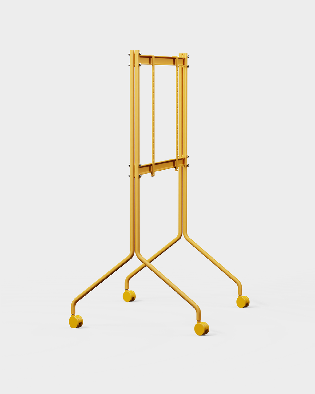 Soporte Moon Tall en Apricot en ángulo, packshot de estudio, con una pantalla negra sobre patas abiertas con ruedas