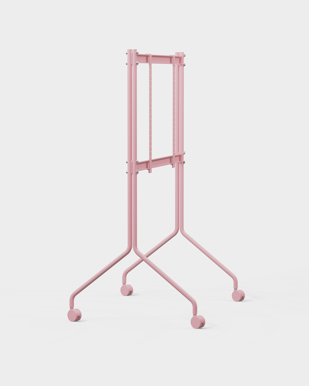Soporte de TV Moon Tall en Bubble Gum, vista en ángulo en estudio con TV plana montada y ruedas giratorias