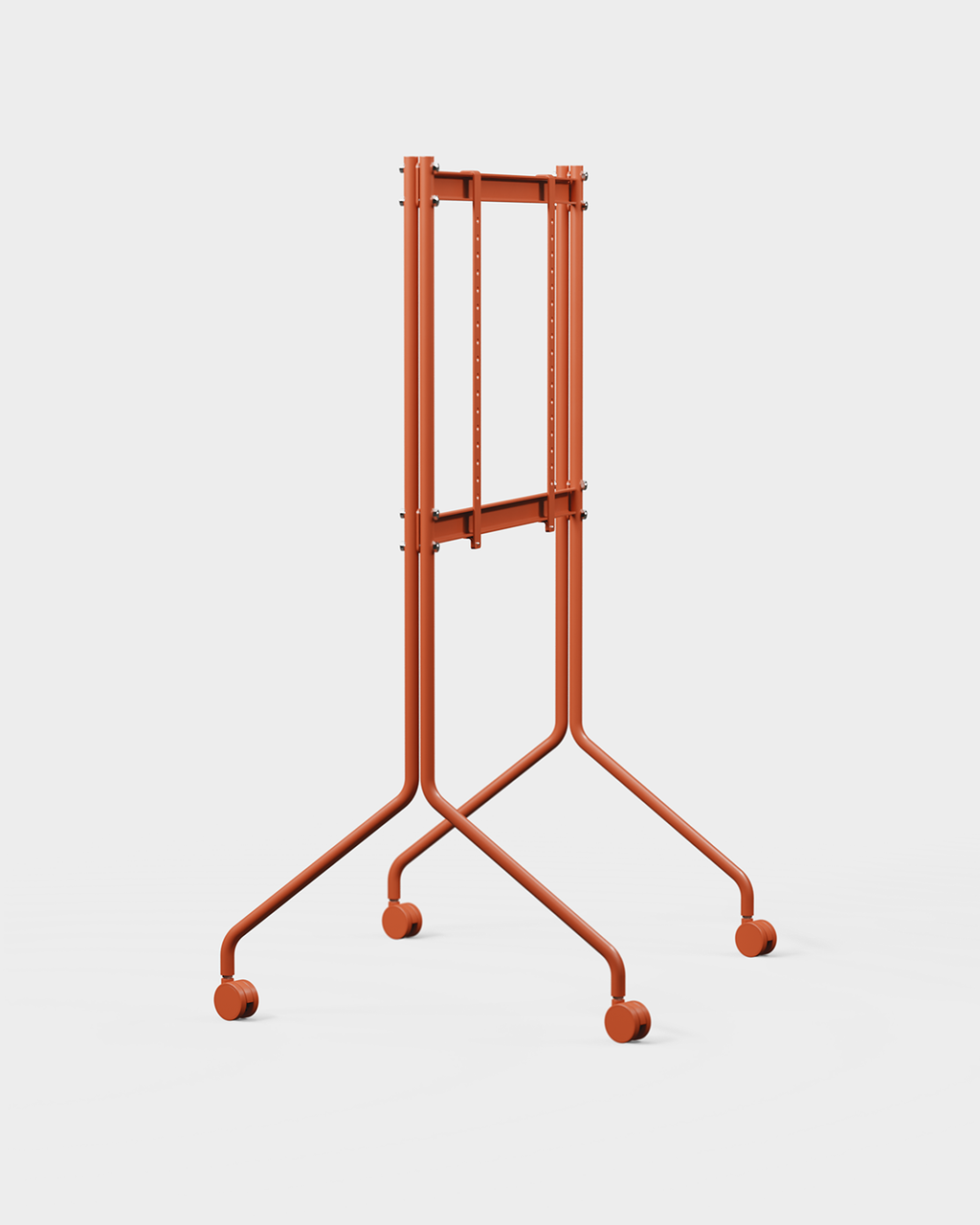 Soporte Moon Tall en Burnin' Red con un TV plano grande, vista angular de estudio con patas abiertas y ruedas