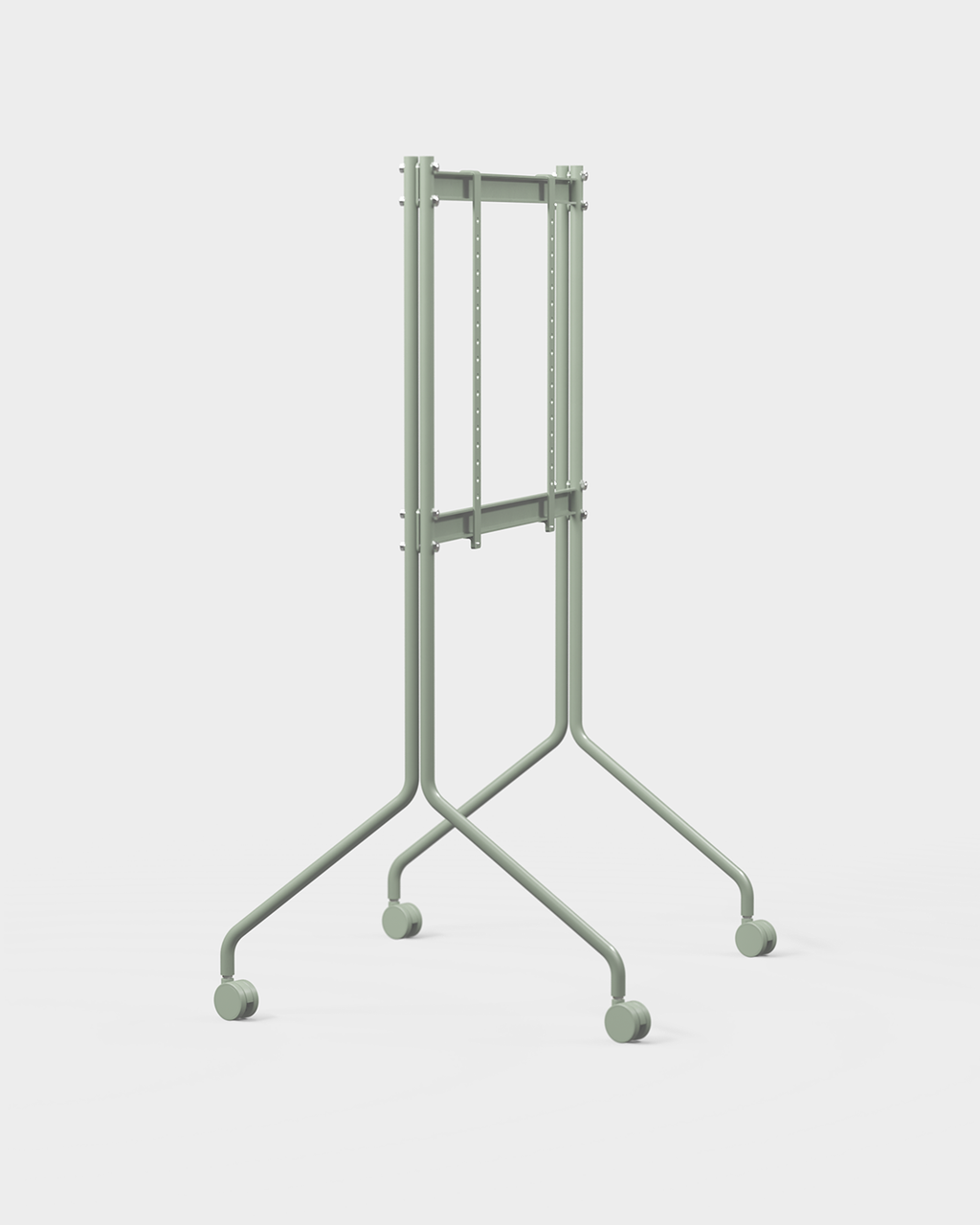 Soporte de TV Moon Tall en Mossy Green en ángulo en estudio, con TV plana sobre patas finas con ruedas