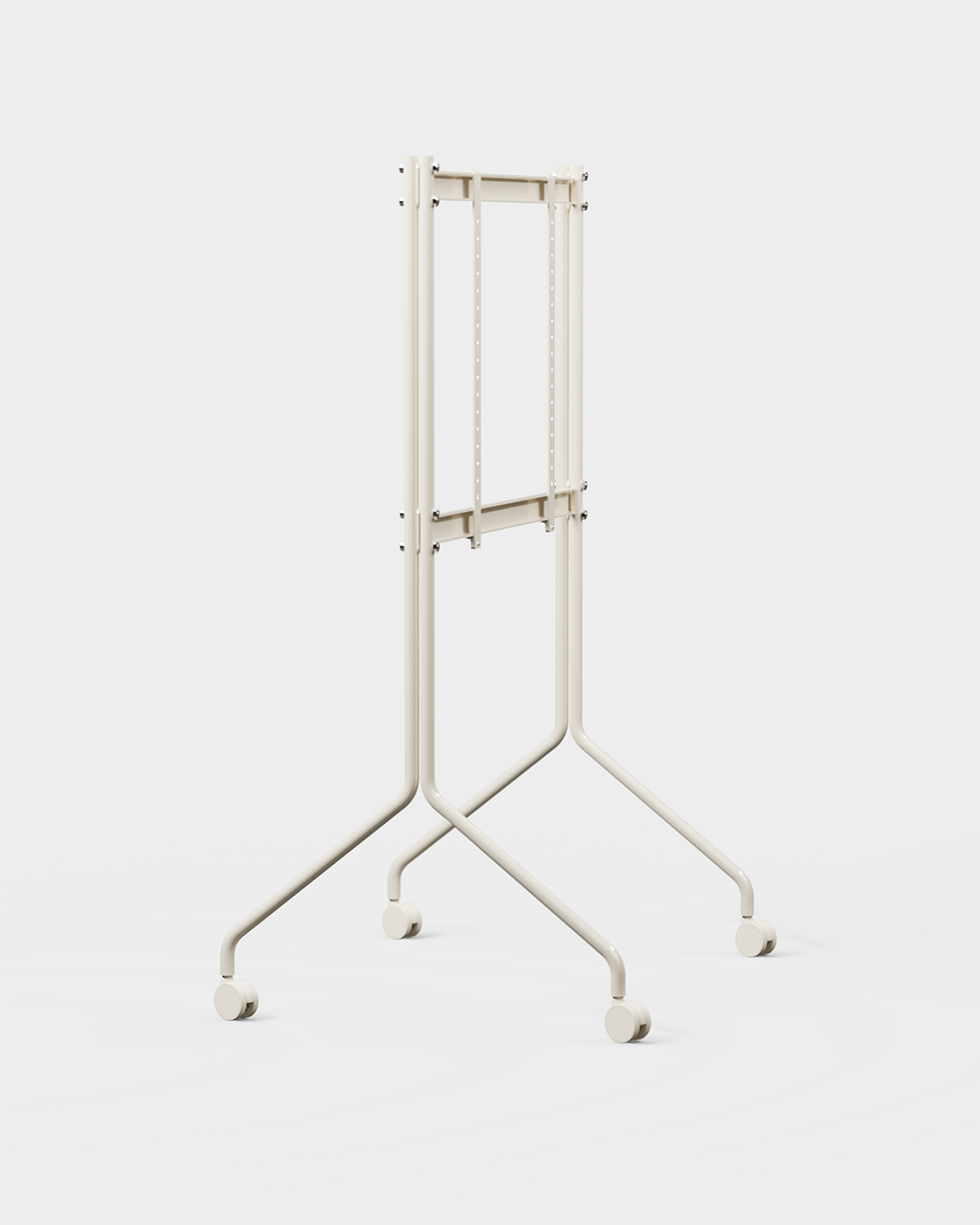 Soporte de TV Moon Tall en Pearl con ruedas, vista angular de estudio con televisor plano montado