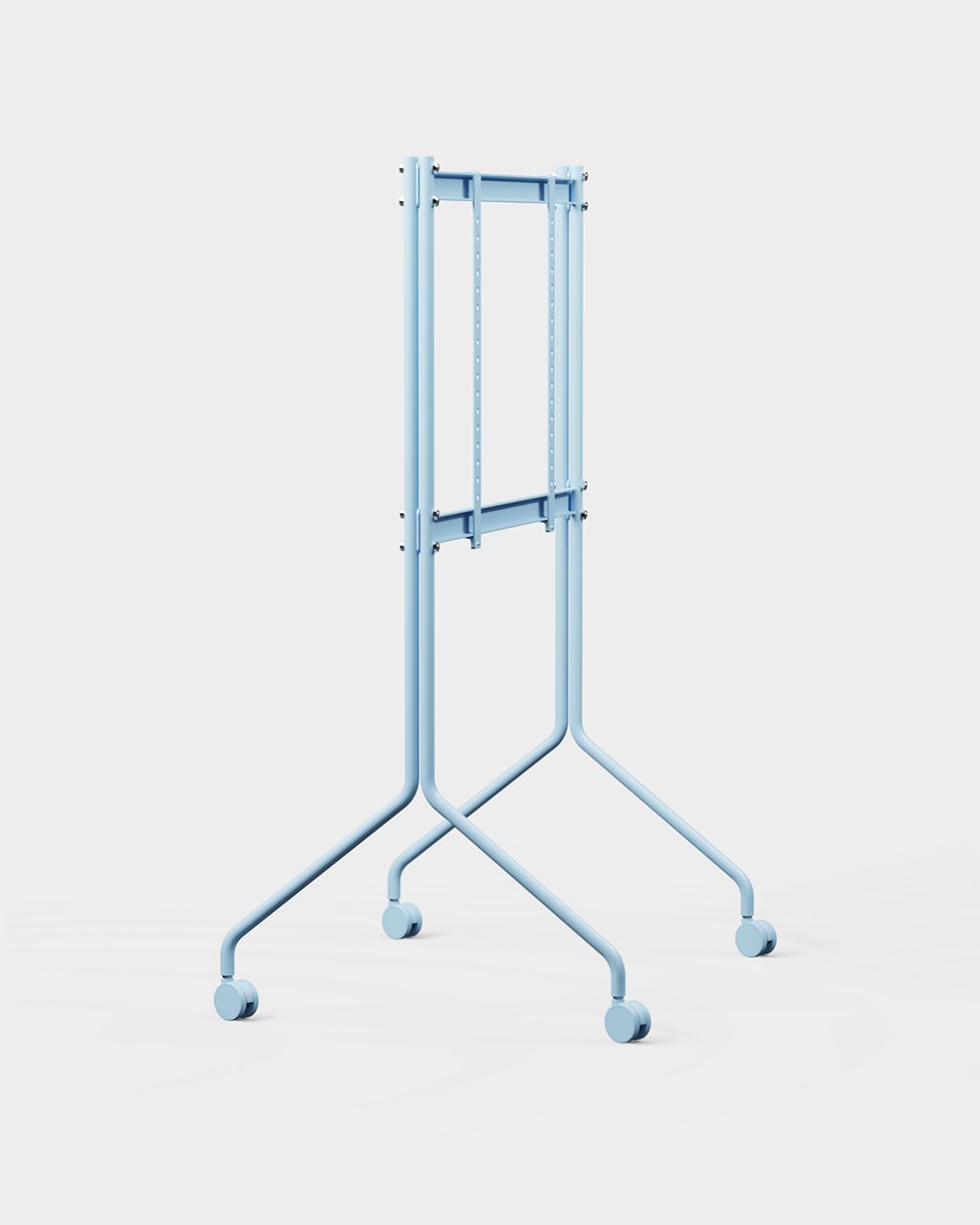 Soporte de TV móvil Moon Tall en Powder Blue, vista angular de estudio con pantalla plana y ruedas giratorias